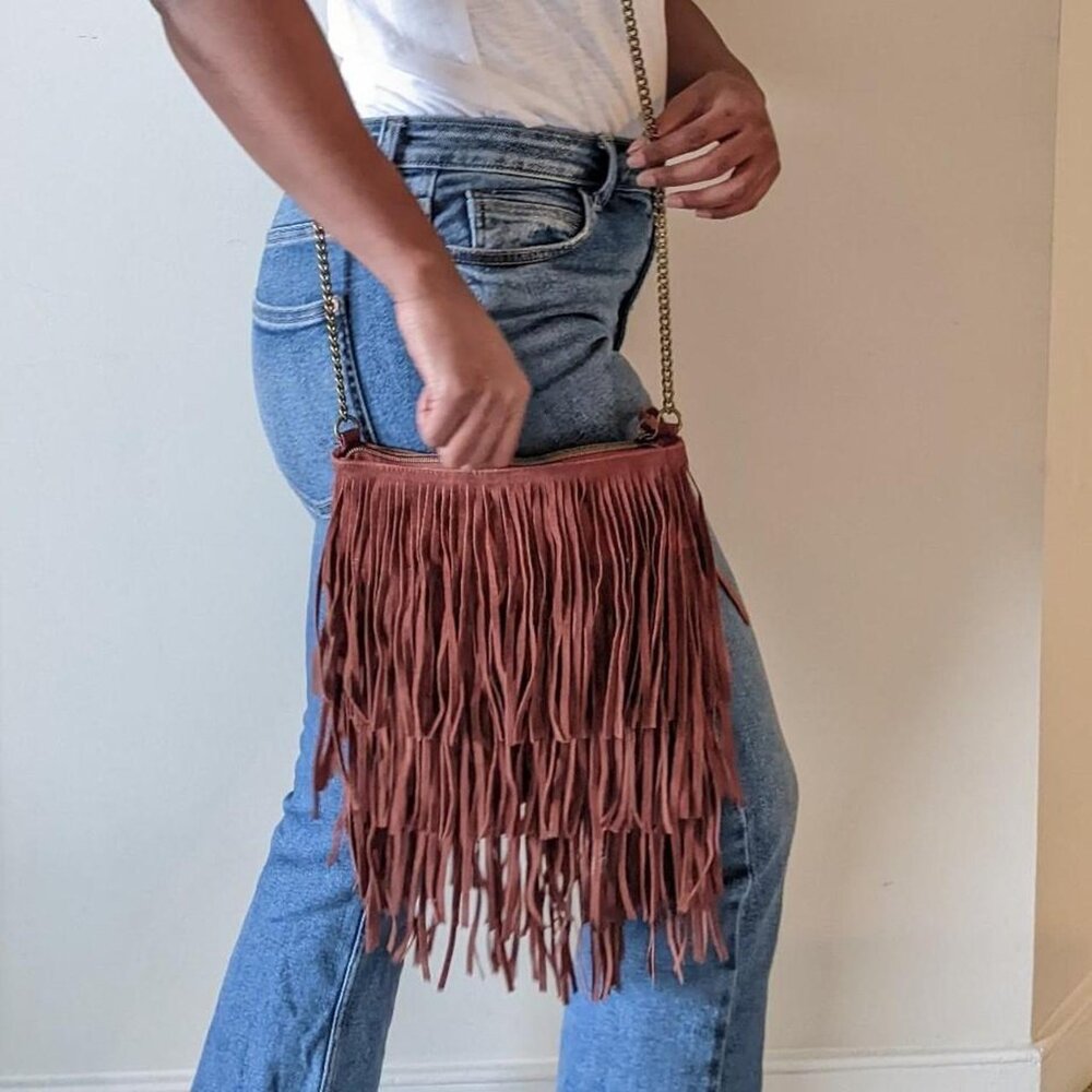 Deep Orange Rust Color Boho Fringe Crossbody Bag - image 1